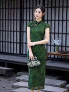 Bethandbrianqipao-JQZ Green Floral‑Print Mesh Long Cheongsam