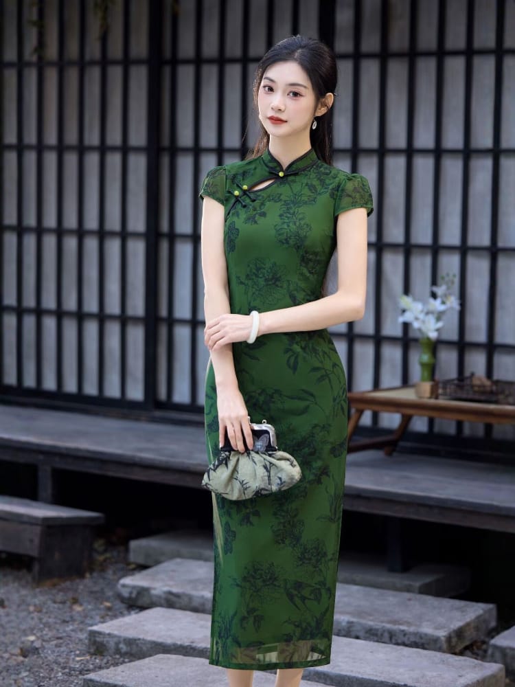 Bethandbrianqipao-JQZ Green Floral‑Print Mesh Long Cheongsam
