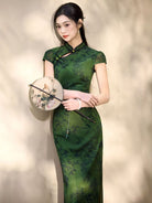 Bethandbrianqipao-JQZ Green Floral‑Print Mesh Long Cheongsam