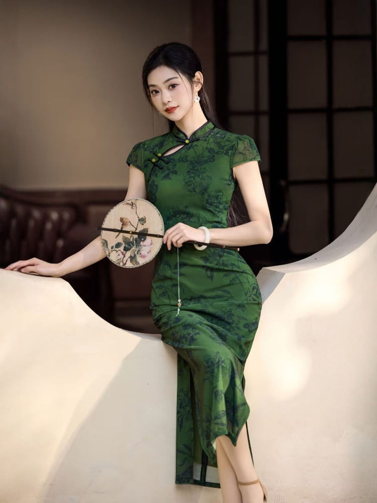 Bethandbrianqipao-JQZ Green Floral‑Print Mesh Long Cheongsam