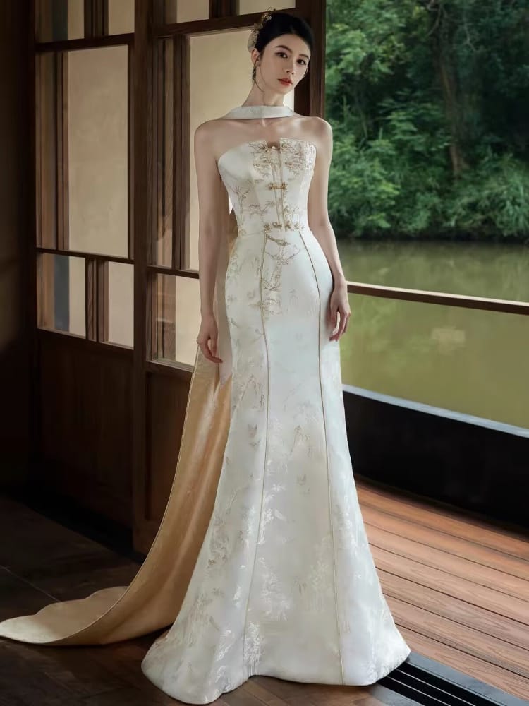 Bethandbrianqipao-SS Genevieve‑Jacquard Satin Mermaid Champagne Bridal Qipao Set