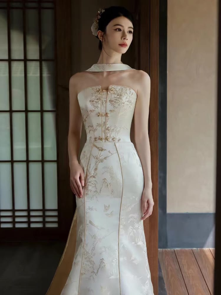 Bethandbrianqipao-SS Genevieve‑Jacquard Satin Mermaid Champagne Bridal Qipao Set