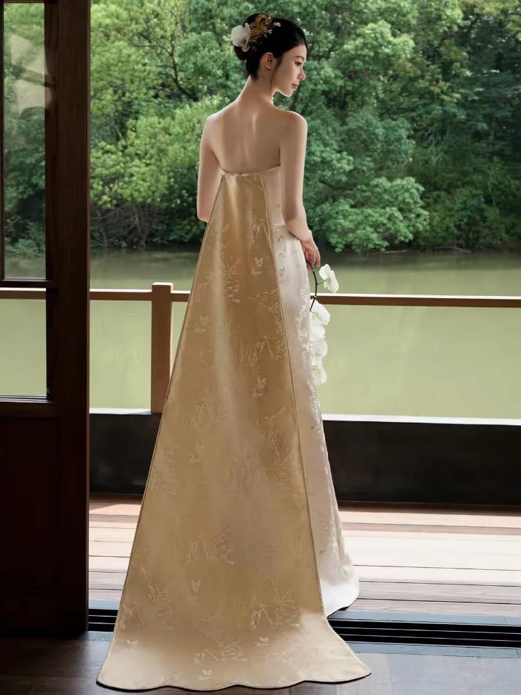 Bethandbrianqipao-SS Genevieve‑Jacquard Satin Mermaid Champagne Bridal Qipao Set