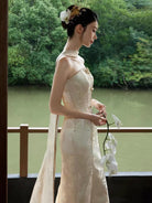 Bethandbrianqipao-SS Genevieve‑Jacquard Satin Mermaid Champagne Bridal Qipao Set