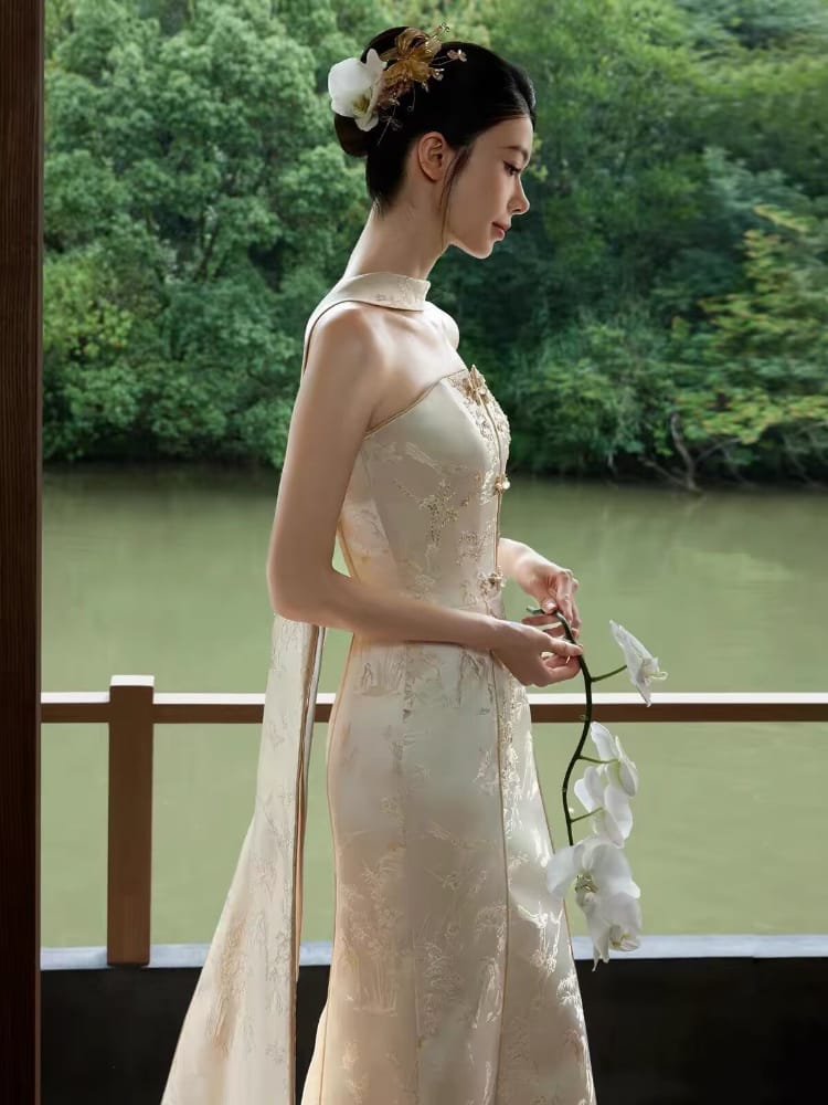 Bethandbrianqipao-SS Genevieve‑Jacquard Satin Mermaid Champagne Bridal Qipao Set