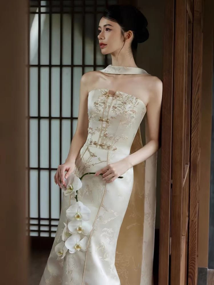 Bethandbrianqipao-SS Genevieve‑Jacquard Satin Mermaid Champagne Bridal Qipao Set