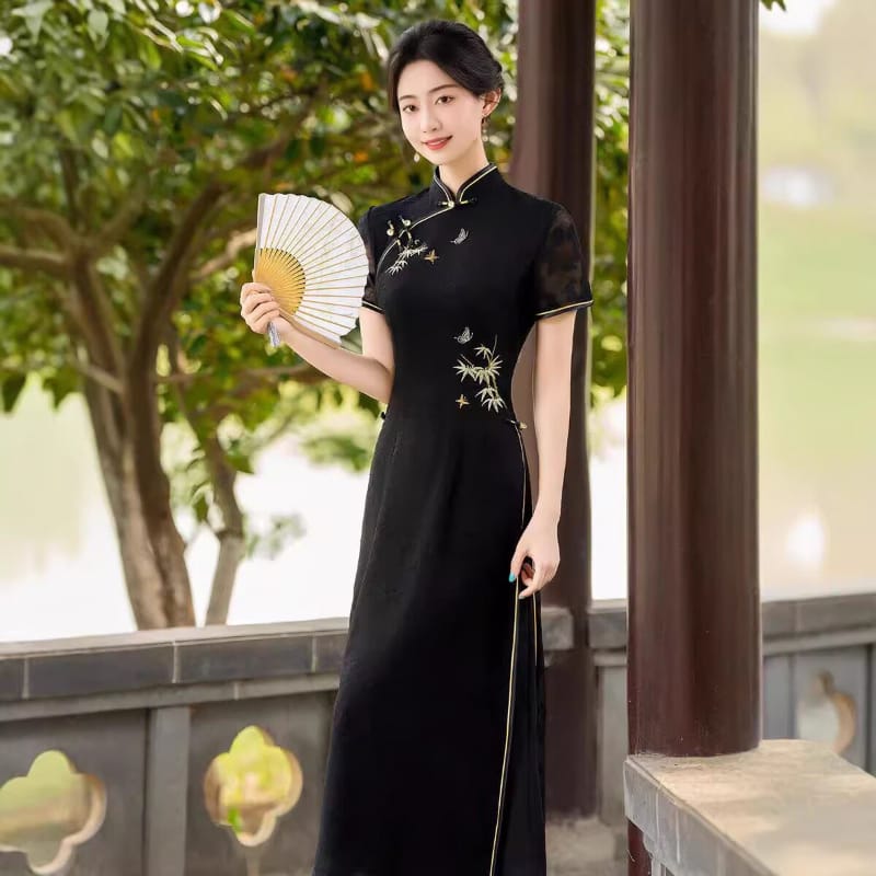 Beth and Brian qipao-MRSC Mia Black Bamboo Embroidery Midi Plus size Ao‑Dai