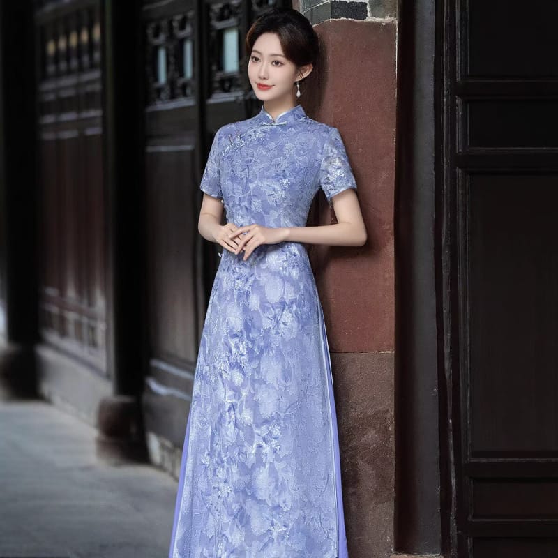 Beth and Brian qipao-MRSC Seraphina Lavender Floral Jacquard Midi Ao Dai