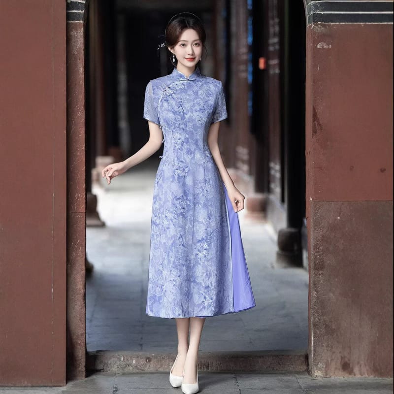 Beth and Brian qipao-MRSC Seraphina Lavender Floral Jacquard Midi Ao Dai