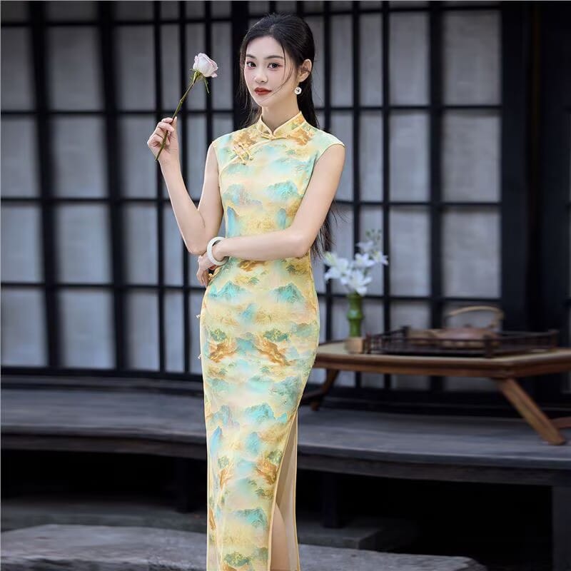 Beth and Brian Qipao-JQZ Sleeveless, Landscape Print Long Qipao Dress