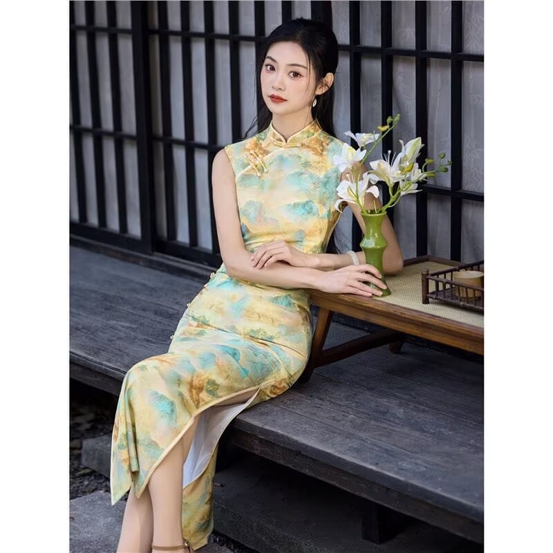 Beth and Brian Qipao-JQZ Sleeveless, Landscape Print Long Qipao Dress