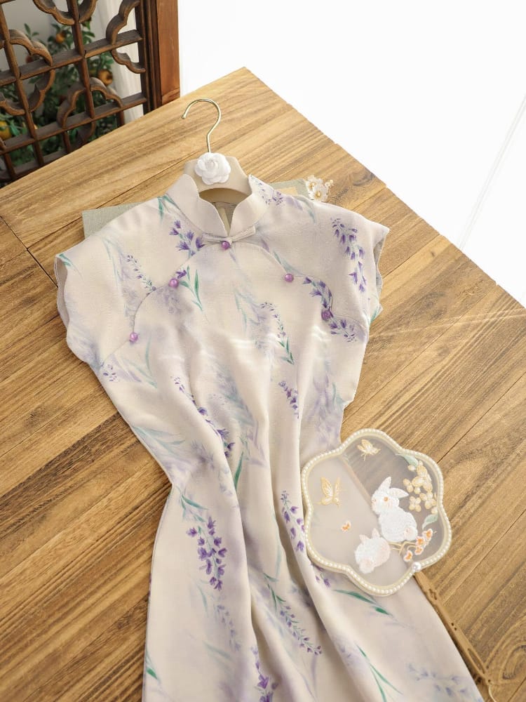 Beth and Brian Qipao-JQZ Lavender Floral Nettle‑Weave Long Cheongsam