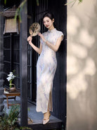 Beth and Brian Qipao-JQZ Lavender Floral Nettle‑Weave Long Cheongsam