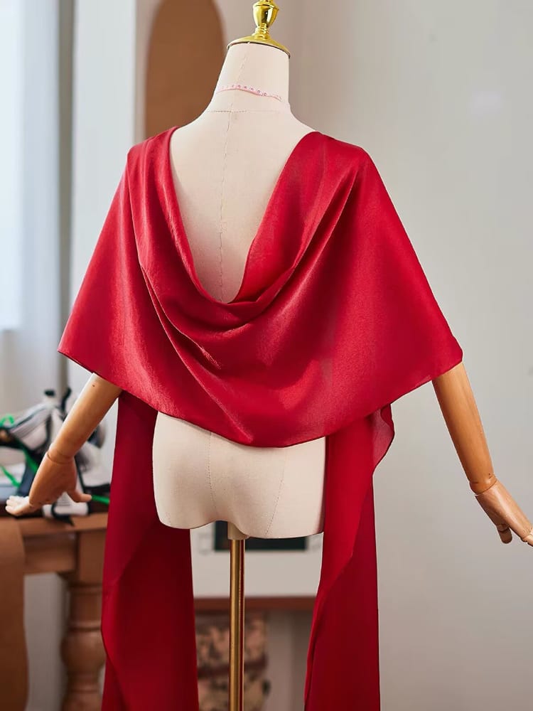 Beth and Brian qipao-DTY Ruby Red Sheer‑Tulle Floor Length Qipao Shawl