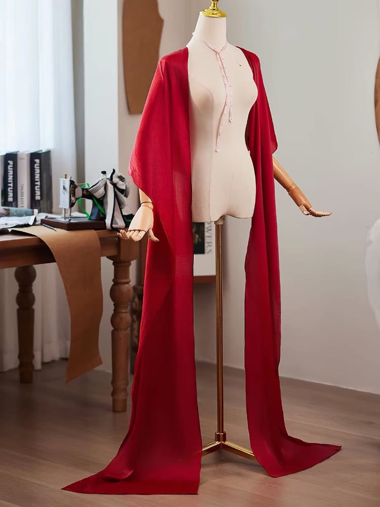Beth and Brian qipao-DTY Ruby Red Sheer‑Tulle Floor Length Qipao Shawl