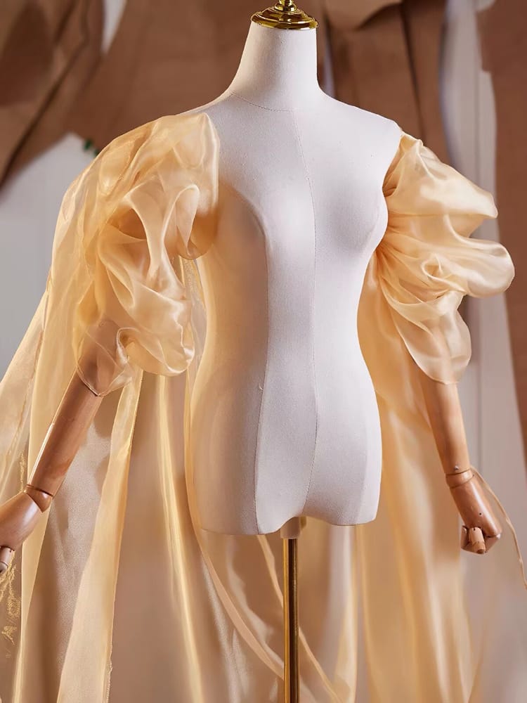 Beth and Brian qipao-DTY Champagne Organza Bridal Qipao Cape Shawl With Puff Sleeves