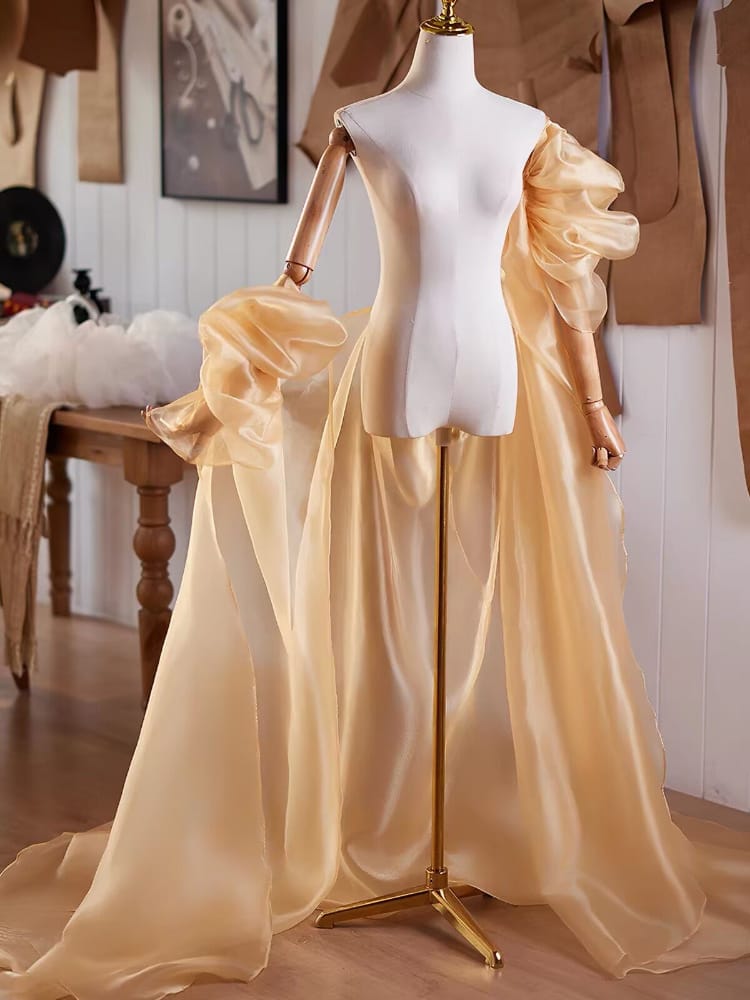 Beth and Brian qipao-DTY Champagne Organza Bridal Qipao Cape Shawl With Puff Sleeves