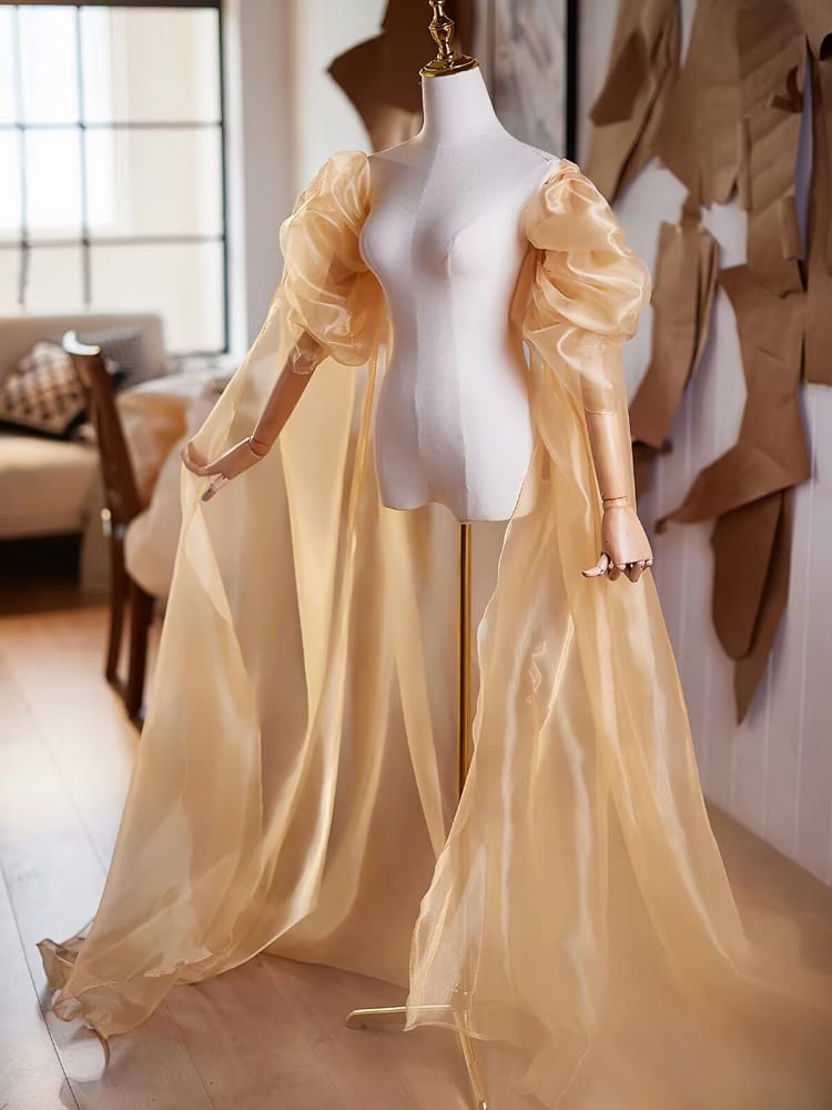 Beth and Brian qipao-DTY Champagne Organza Bridal Qipao Cape Shawl With Puff Sleeves
