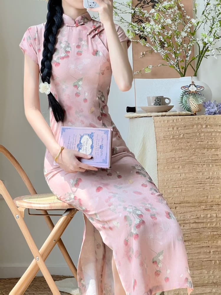 Beth and Brian Qipao-LSB Lila Strawberry Print Pink Midi Cheongsam