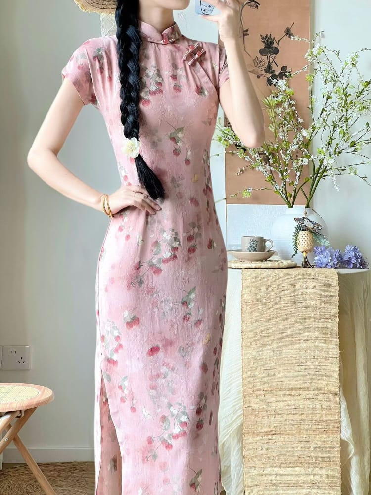 Beth and Brian Qipao-LSB Lila Strawberry Print Pink Midi Cheongsam