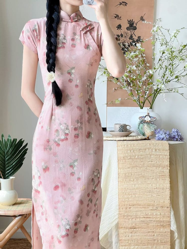 Beth and Brian Qipao-LSB Lila Strawberry Print Pink Midi Cheongsam
