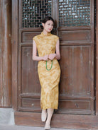 Beth and Brian Qipao-XLY Hazel Yellow Floral Flocking Midi Cheongsam