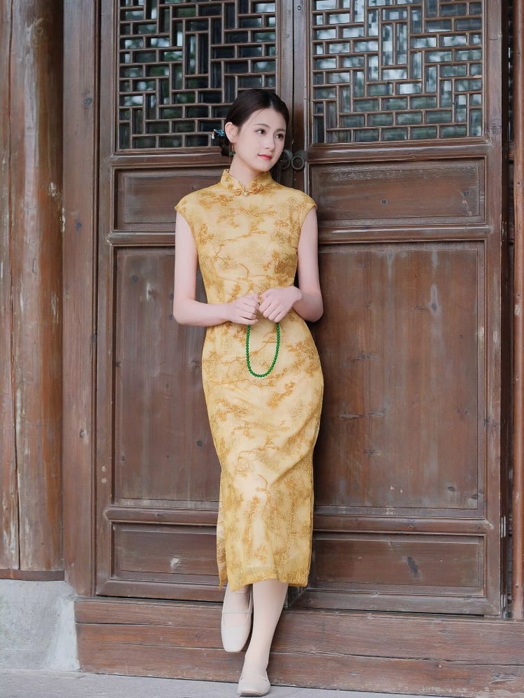 Beth and Brian Qipao-XLY Hazel Yellow Floral Flocking Midi Cheongsam
