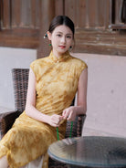 Beth and Brian Qipao-XLY Hazel Yellow Floral Flocking Midi Cheongsam