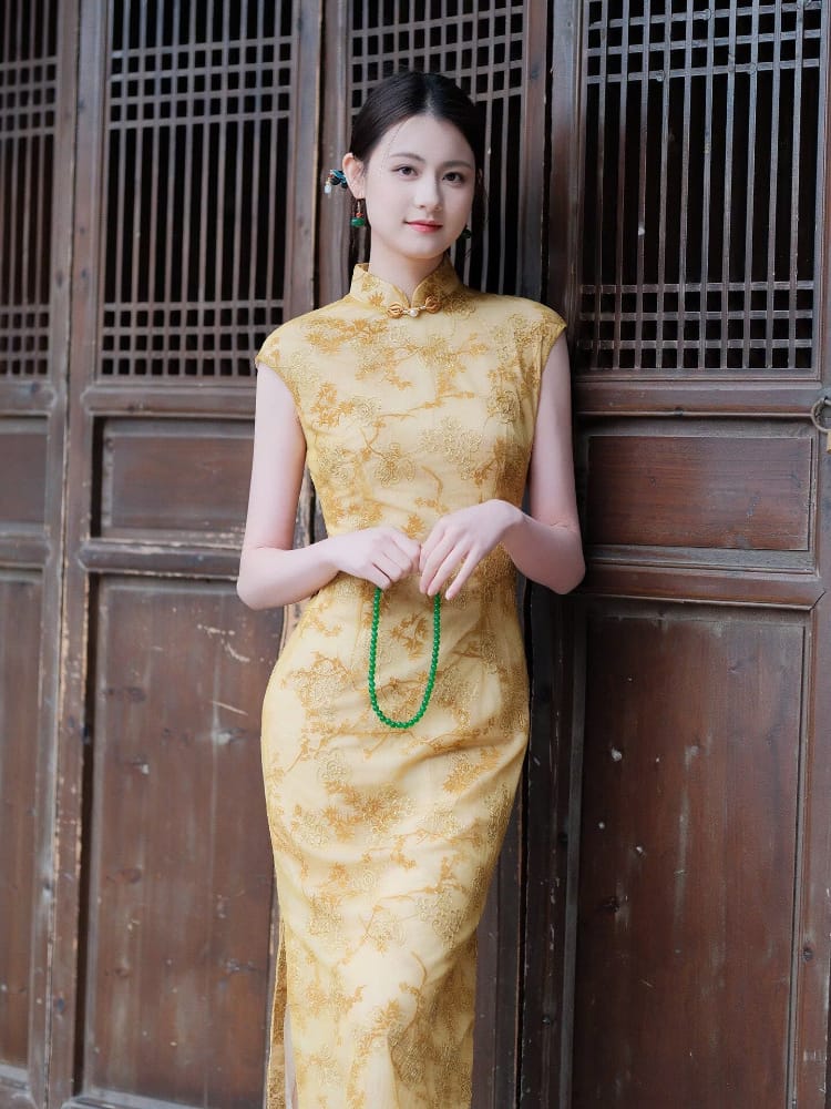 Beth and Brian Qipao-XLY Hazel Yellow Floral Flocking Midi Cheongsam