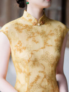 Beth and Brian Qipao-XLY Hazel Yellow Floral Flocking Midi Cheongsam