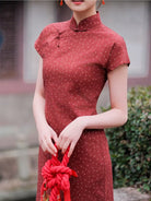Beth and Brian Qipao-XLY Elena Burgundy Tiny Dot Cotton Long Cheongsam