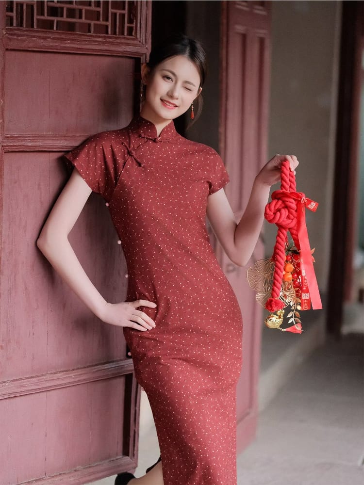 Beth and Brian Qipao-XLY Elena Burgundy Tiny Dot Cotton Long Cheongsam