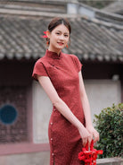 Beth and Brian Qipao-XLY Elena Burgundy Tiny Dot Cotton Long Cheongsam