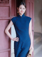 Beth and Brian Qipao-XLY Wren Navy Blue Rayon Long Cheongsam