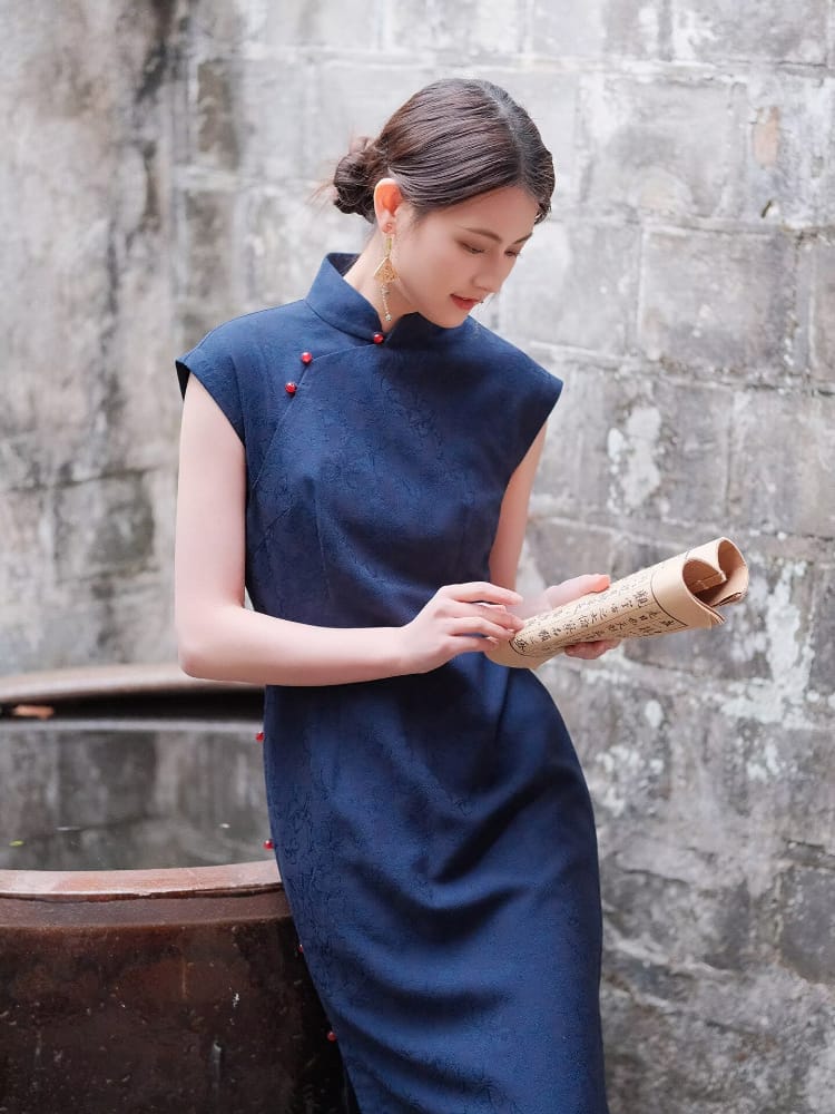 Beth and Brian Qipao-XLY Wren Navy Blue Rayon Long Cheongsam