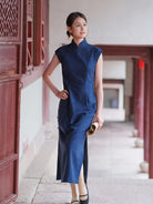 Beth and Brian Qipao-XLY Wren Navy Blue Rayon Long Cheongsam