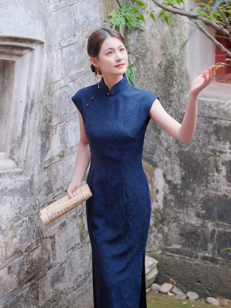 Beth and Brian Qipao-XLY Wren Navy Blue Rayon Long Cheongsam