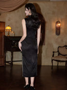 Beth and Brian Qipao-LSB Iris Black Jacquard Satin Long Cheongsam