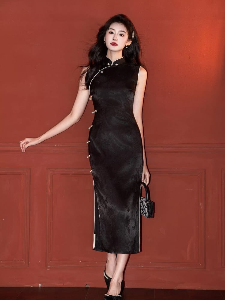 Beth and Brian Qipao-LSB Iris Black Jacquard Satin Long Cheongsam