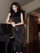 Beth and Brian Qipao-LSB Iris Black Jacquard Satin Long Cheongsam