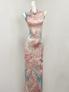 Beth and Brian Qipao-SGN Lily Floral Satin Long Qipao with Lace Tassel Cloud Shoulder Shawl