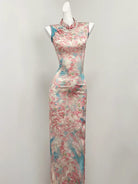 Beth and Brian Qipao-SGN Lily Floral Satin Long Qipao with Lace Tassel Cloud Shoulder Shawl