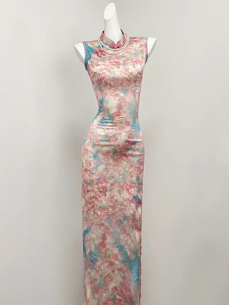 Beth and Brian Qipao-SGN Lily Floral Satin Long Qipao with Lace Tassel Cloud Shoulder Shawl