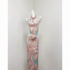 Beth and Brian Qipao-SGN Lily Floral Satin Long Qipao with Lace Tassel Cloud Shoulder Shawl