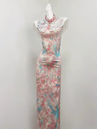 Beth and Brian Qipao-SGN Lily Floral Satin Long Qipao with Lace Tassel Cloud Shoulder Shawl