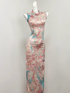 Beth and Brian Qipao-SGN Lily Floral Satin Long Qipao with Lace Tassel Cloud Shoulder Shawl