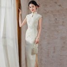 Beth and Brian Qipao-SMQ Chloe Beige&Red Wedding Midi Cheongsam with raglan sleeves