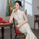 Beth and Brian Qipao-SMQ Chloe Beige&Red Wedding Midi Cheongsam with raglan sleeves