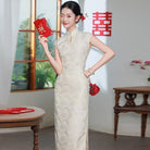 Beth and Brian Qipao-SMQ Chloe Beige&Red Wedding Midi Cheongsam with raglan sleeves