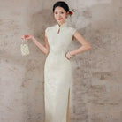 Beth and Brian Qipao-SMQ Chloe Beige&Red Wedding Midi Cheongsam with raglan sleeves